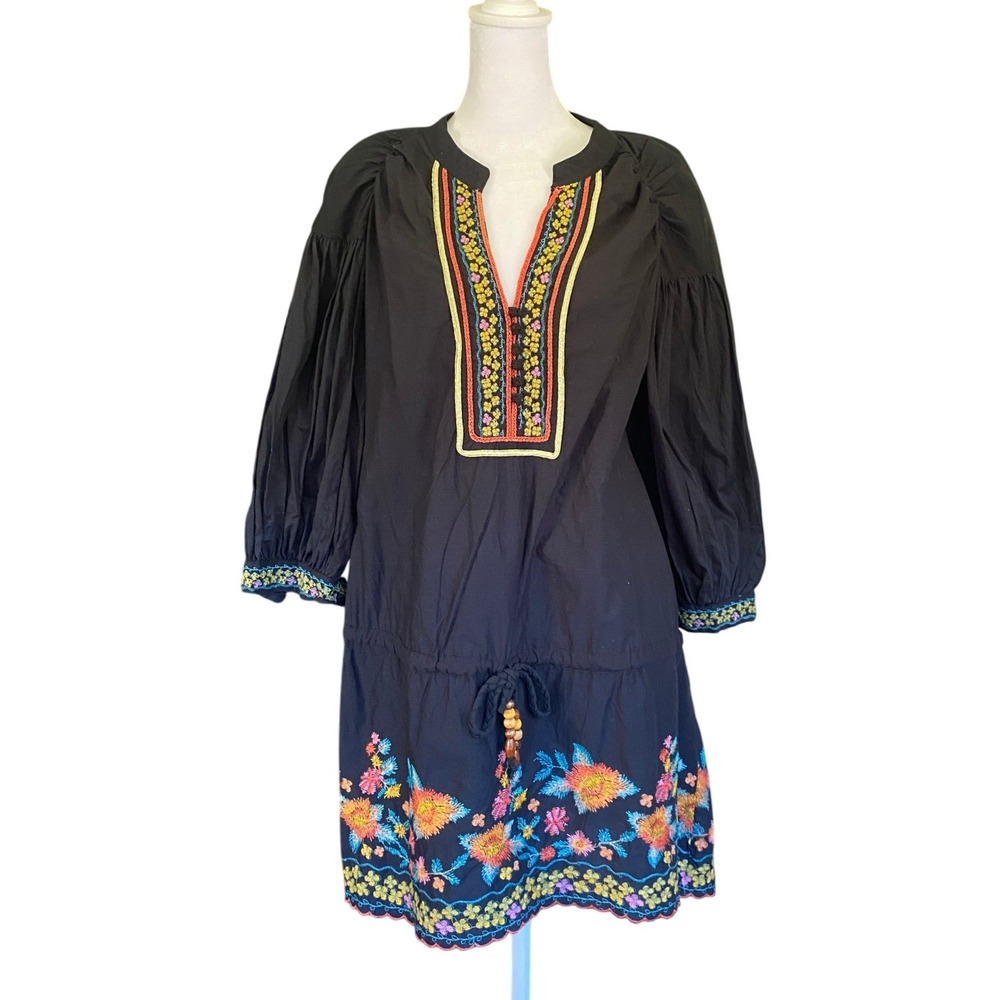 Dimri Embroidered Cotton Black Tunic Mini Dress XL Floral Bead Festival Bohemian